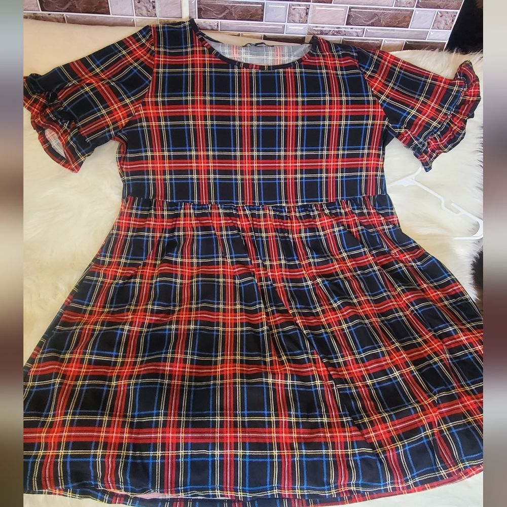 Vibe Red and Blue Casual A-Line Dress with Crew Neck